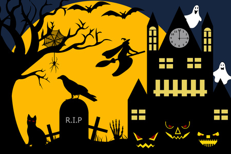 Halloween illustration Halloween illustration stock vector clipart, Halloween illustration of a witch flying over a cemetery by Ioana Martalogu