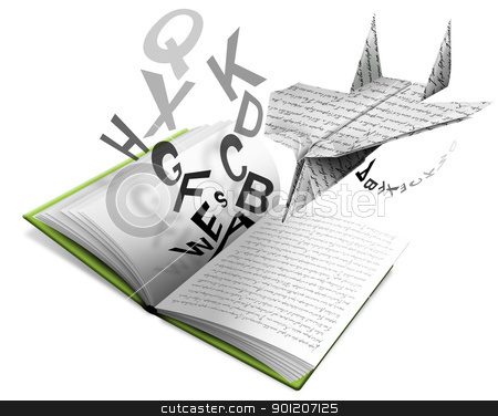 Airbook Airbook stock photo, Book of Literature open with paper airplane and letters by catalby