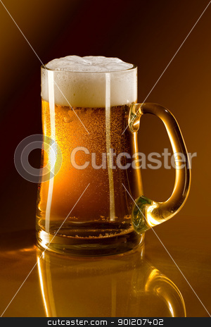 Mug full of beer Mug full of beer stock photo, Mug full of beer on a gold background reflected in glass by miloslav78