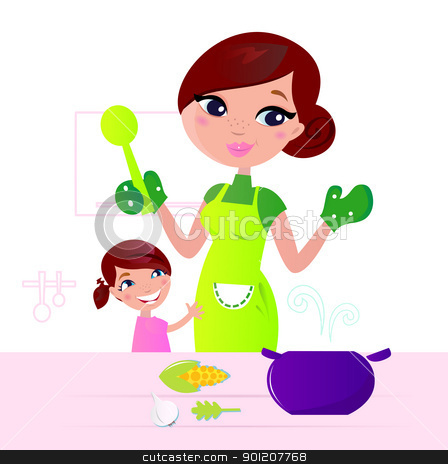 To use this stock image in your creative project, please select the size you need over to the right and click the "Add to Cart" button.
Your downloaded image will come with the Cutcaster watermark removed so don’t worry about the watermark you see on this page. Mother cooking healthy food with child in kitchen stock vector clipart, Mom and child cooking together in kitchen. Vector Illustration.
by Jana Guothova