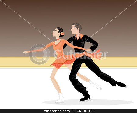 Ice dancers ice dancers stock vector clipart, an illustration two ice dancers skating on a rink with black and orange costumes by Mike Smith