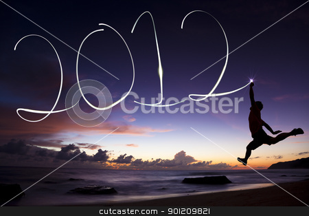 To use this stock image in your creative project, please select the size you need over to the right and click the "Add to Cart" button.
Your downloaded image will come with the Cutcaster watermark removed so don’t worry about the watermark you see on this page. happy new year 2012 stock photo, happy new year 2012. young man jumping and drawing 2012 by flashlight in the air on the beach before sunrise by tomwang