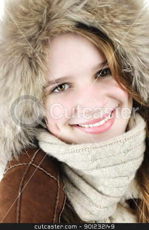 To use this stock image in your creative project, please select the size you need over to the right and click the "Add to Cart" button.
Your downloaded image will come with the Cutcaster watermark removed so don’t worry about the watermark you see on this page. Happy winter girl stock photo, Portrait of beautiful young woman in fur hood of winter coat by Elena Elisseeva