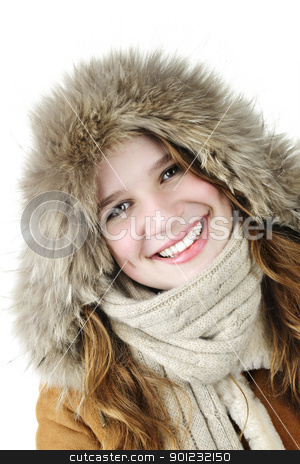 Smiling winter girl Smiling winter girl stock photo, Beautiful young woman in fur hood of winter coat on white background by Elena Elisseeva