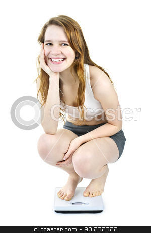To use this stock image in your creative project, please select the size you need over to the right and click the "Add to Cart" button.
Your downloaded image will come with the Cutcaster watermark removed so don’t worry about the watermark you see on this page. Smiling young girl on bathroom scale stock photo, Healthy happy young woman crouching on bathroom scale isolated on white by Elena Elisseeva