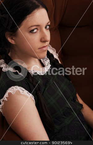 Young girl stock photo Young girl wearing plaid dress with braided hair by 