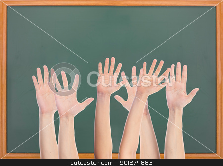 To use this stock image in your creative project, please select the size you need over to the right and click the "Add to Cart" button.
Your downloaded image will come with the Cutcaster watermark removed so don’t worry about the watermark you see on this page. Many hands and blank blackboard stock photo, Many hands rise in front of blank blackboard by Lawren