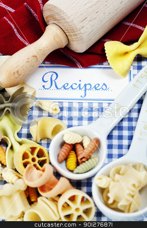 Composition of pasta Composition of pasta stock photo, The book of recipes and italian pasta by klenova