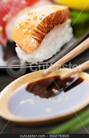 To use this stock image in your creative project, please select the size you need over to the right and click the "Add to Cart" button.
Your downloaded image will come with the Cutcaster watermark removed so don’t worry about the watermark you see on this page. sushi stock photo, set of japanese sushi with chopsticks and soy sause over white by klenova