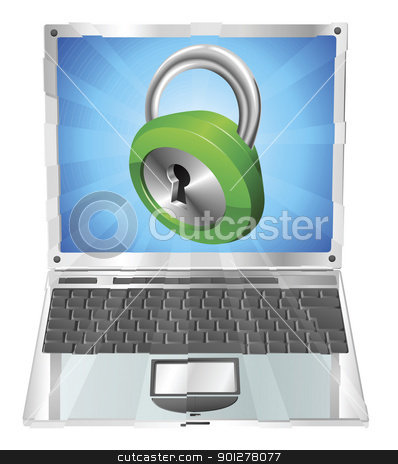 Lock icon laptop concept Lock icon laptop concept stock vector clipart, Lock icon coming out of laptop screen concept by Christos Georghiou