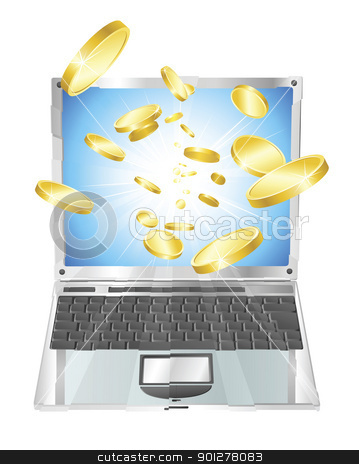 Gold coins flying out of laptop computer Gold coins flying out of laptop computer stock vector clipart, Conceptual illustration. Money in form of gold coins flying out of laptop computer. by Christos Georghiou