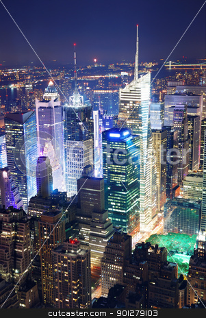 Times Square aerial view at night Times Square aerial view at night stock photo, New York City Manhattan Times Square panorama aerial view at night with office building skyscrapers skyline illuminated by Hudson River. by rabbit75_cut