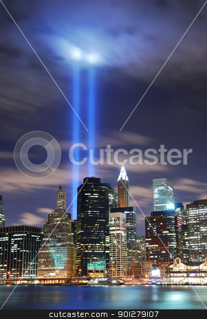 To use this stock image in your creative project, please select the size you need over to the right and click the "Add to Cart" button.
Your downloaded image will come with the Cutcaster watermark removed so don’t worry about the watermark you see on this page. Remember September 11. stock photo, Remember September 11. New York City Manhattan panorama view at night with office building skyscrapers skyline illuminated over Hudson River and two light beam in memory of September 11. by rabbit75_cut