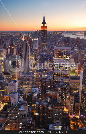 To use this stock image in your creative project, please select the size you need over to the right and click the "Add to Cart" button.
Your downloaded image will come with the Cutcaster watermark removed so don’t worry about the watermark you see on this page. New York City Manhattan empire state building stock photo, New York City Manhattan skyline panorama sunset aerial view with. empire state building by rabbit75_cut