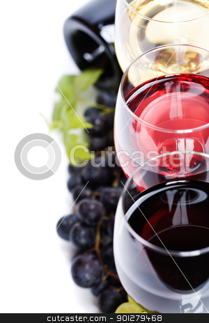 Wine composition Wine composition stock photo, Glasses of white and rose wine and grapes over white by klenova