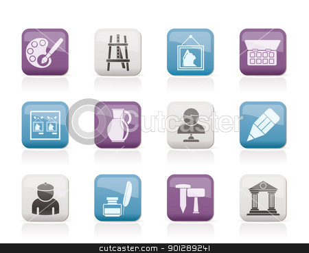 To use this stock image in your creative project, please select the size you need over to the right and click the "Add to Cart" button.
Your downloaded image will come with the Cutcaster watermark removed so don’t worry about the watermark you see on this page. Fine art objects icons stock vector clipart, Fine art objects icons - vector icon set by Stoyan Haytov