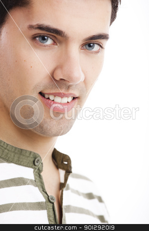 To use this stock image in your creative project, please select the size you need over to the right and click the "Add to Cart" button.
Your downloaded image will come with the Cutcaster watermark removed so don’t worry about the watermark you see on this page. Young man stock photo, Portrait of handsome young man smiling, isolated on white background by ikostudio