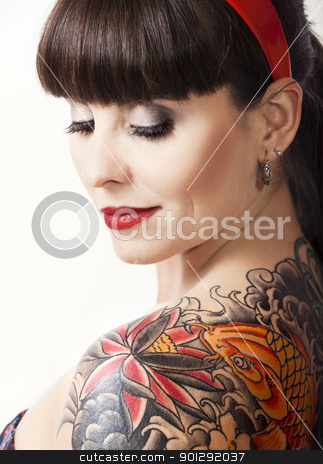 Vintage woman with a tattoo stock photo, Portrait of a beautiful young...