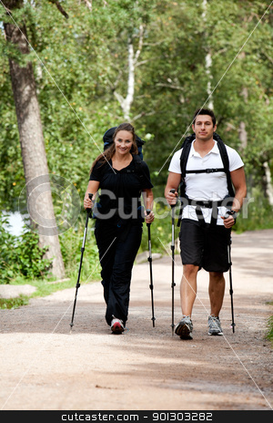 To use this stock image in your creative project, please select the size you need over to the right and click the "Add to Cart" button.
Your downloaded image will come with the Cutcaster watermark removed so don’t worry about the watermark you see on this page. Camping Couple stock photo, A male and female camping in the woods walking on a path by Tyler Olson