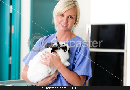 Vet with Rabbit Vet with Rabbit stock photo, A portrait of a female vet holding a rabbit by Tyler Olson