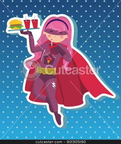 To use this stock image in your creative project, please select the size you need over to the right and click the "Add to Cart" button.
Your downloaded image will come with the Cutcaster watermark removed so don’t worry about the watermark you see on this page. Fast food superhero girl cartoon. stock photo, Superhero girl flying with tray in your hand with fast food on blue background with little stars. Vector available. by Cienpies Design