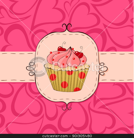 Pinky Pinky stock vector clipart, Pink card with cupcake. Seamless hearts pattern in the background. by wingedcats