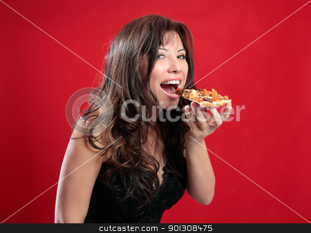 Happy woman eating pizza Happy woman eating pizza stock photo, A beautiful happy woman eating a slice of tasty italian pizza. by Leah-Anne Thompson