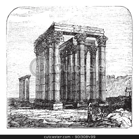 The Temple of Olympian Zeus or Columns of the Olympian Zeus, Gr The Temple of Olympian Zeus or Columns of the Olympian Zeus, Gr stock vector clipart, The Temple of Olympian Zeus, Olympieion or Columns of the Olympian Zeus, Greek, Athens. Vintage engraving. Old engraved illustration of The Temple of Olympian Zeus. A colossal ruined temple in the centre of the capital of Athens, Greece. by Patrick Guenette
