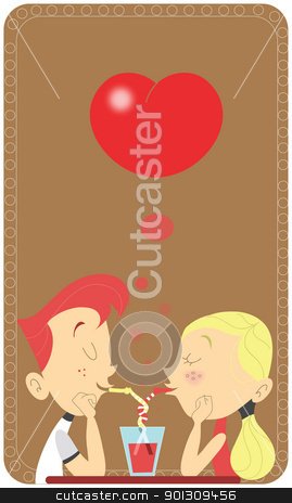 To use this stock image in your creative project, please select the size you need over to the right and click the "Add to Cart" button.
Your downloaded image will come with the Cutcaster watermark removed so don’t worry about the watermark you see on this page. Couple in love sipping in the same glass in a restaurant stock vector clipart, Young retro couple sipping in the same glass in a restaurant. Saint Valentines card design. Intertwined straws. Teen man and woman in love scene by Patrick Guenette
