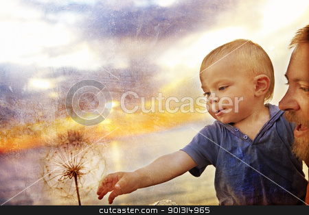 Boy and dandelion boy and dandelion stock photo, Small baby boy held up by his father reaching for a seed dandelion with grunge texture applied for a rustic effect. by lubavnel