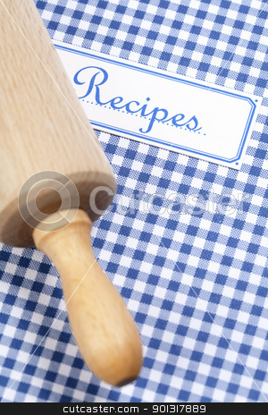 Cookbook and kitchenware cookbook and kitchenware stock photo, Blue cookbook and rolling pin by klenova