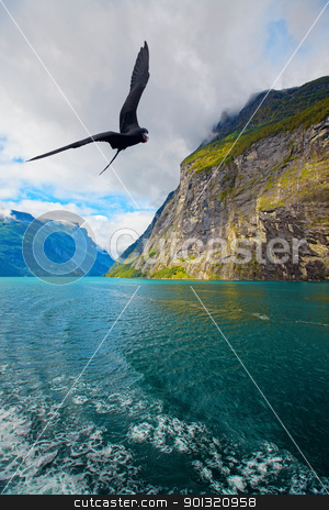View of Geiranger View of Geiranger stock photo, The Geiranger fjord in Norway, surrounded by high mountains by Kjersti Jorgensen