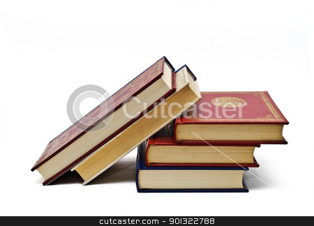 Five books. Five books. stock photo, OLd books isolated over a white background. by angelsimon