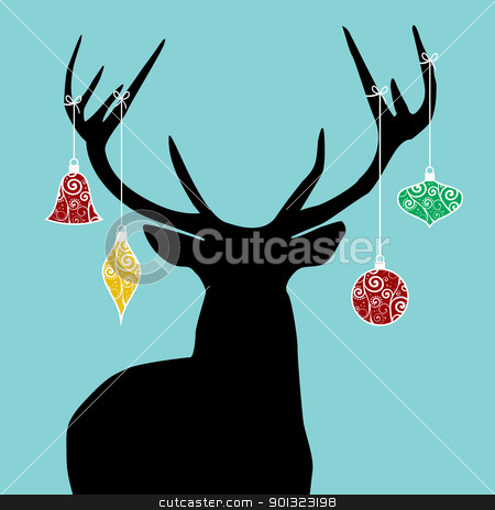 To use this stock image in your creative project, please select the size you need over to the right and click the "Add to Cart" button.
Your downloaded image will come with the Cutcaster watermark removed so don’t worry about the watermark you see on this page. Christmas reindeer silhouette stock vector clipart, Christmas reindeer silhouette with decorations hanged from its antlers. by Cienpies Design