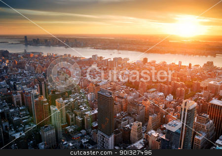 New York City sunset New York City sunset stock photo, New York City Manhattan sunset skyline aerial view with office building skyscrapers and Hudson River. by rabbit75_cut