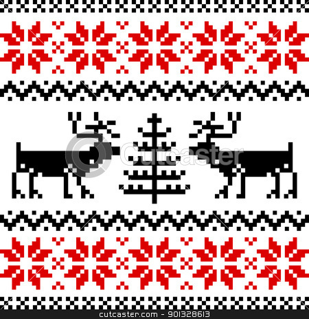 To use this stock image in your creative project, please select the size you need over to the right and click the "Add to Cart" button.
Your downloaded image will come with the Cutcaster watermark removed so don’t worry about the watermark you see on this page. Nordic pattern stock vector clipart, Nordic pattern with deer, black and red pattern on white background. by Ela Kwasniewski