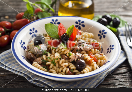 Italian Fusilli pasta with swordfish Italian Fusilli pasta with swordfish stock photo, Italian Fusilli pasta with swordfish,olive and raw tomato by maxg71
