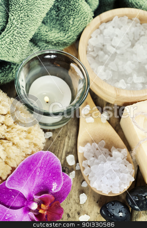 Spa Settings Spa Settings stock photo, Spa Settings (zen stones, candle, towel, sea salt, soap and orchid) by klenova