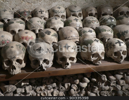 To use this stock image in your creative project, please select the size you need over to the right and click the "Add to Cart" button.
Your downloaded image will come with the Cutcaster watermark removed so don’t worry about the watermark you see on this page. lots of old bones and skulls stock photo, eerie scenery with a pile of old bones and skulls with paintings on them at the Gebeinhaus in Hallstatt (Austria) by prill