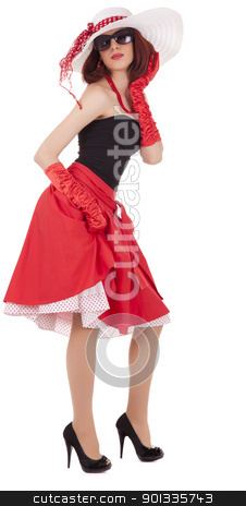 To use this stock image in your creative project, please select the size you need over to the right and click the "Add to Cart" button.
Your downloaded image will come with the Cutcaster watermark removed so don’t worry about the watermark you see on this page. Fashion girl in retro style stock photo, Full-length girl in retro style with big hat on white background by Iryna Rasko