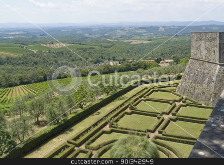 Around Castle of Brolio around Castle of Brolio stock photo, idyllic scenery with ornamental garden seen from Castle of Brolio near Gaiole in Chianti, located in the italian region Tuscany by prill