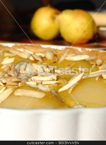 Tart Bourdaloue with ingredients Tart Bourdaloue with ingredients stock photo, Close-up of a homemade tart Bourdaloue with pears, almond cream and vanilla custard and some ingredients besides by Massimiliano Pieraccini