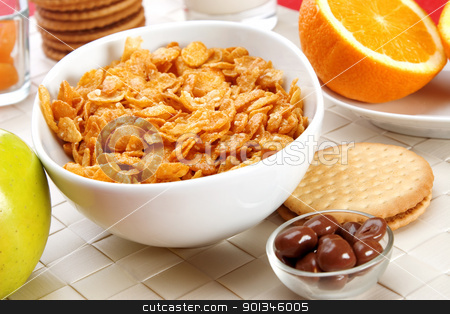 To use this stock image in your creative project, please select the size you need over to the right and click the "Add to Cart" button.
Your downloaded image will come with the Cutcaster watermark removed so don’t worry about the watermark you see on this page. Breakfast foods stock photo, Delicious breakfast foods, cereals, fruits milk and biscuits by Victor Oancea
