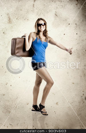 Hitchhiking woman Hitchhiking woman stock photo, Beautiful young woman hitch hiking with old leather suitcase - grunge background aded in PS by ikostudio