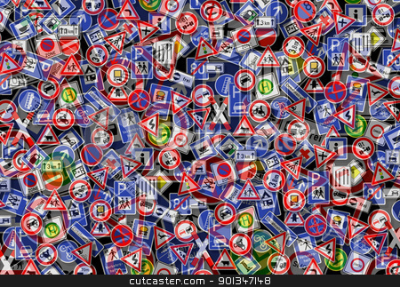 To use this stock image in your creative project, please select the size you need over to the right and click the "Add to Cart" button.
Your downloaded image will come with the Cutcaster watermark removed so don’t worry about the watermark you see on this page. chaotic traffic back stock photo, traffic and order theme showing a collage with lots of various german traffic signs on each other by prill