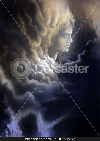 To use this stock image in your creative project, please select the size you need over to the right and click the "Add to Cart" button.
Your downloaded image will come with the Cutcaster watermark removed so don’t worry about the watermark you see on this page. meditative face and stormy clouds stock photo, surreal canvas painting painted by me named melancholic, it shows a thoughtful face surrounded of dramatic stormy clouds by prill