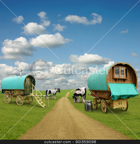 To use this stock image in your creative project, please select the size you need over to the right and click the "Add to Cart" button.
Your downloaded image will come with the Cutcaster watermark removed so don’t worry about the watermark you see on this page. Gypsy Wagon, Caravan stock photo, Old Gypsy Caravans, Trailers, Wagons with Horses by Binkski Art