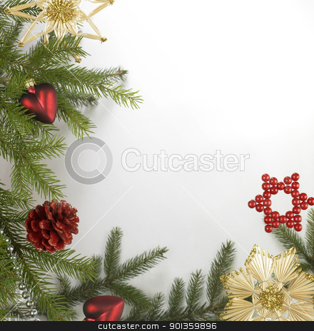 Decorative christmas back decorative christmas back stock photo, christmas decoration frame with various baubles on fir branch in light back by prill