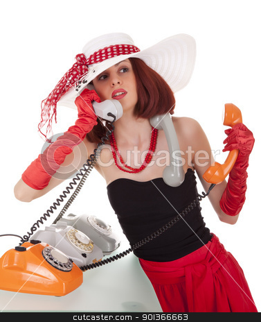 To use this stock image in your creative project, please select the size you need over to the right and click the "Add to Cart" button.
Your downloaded image will come with the Cutcaster watermark removed so don’t worry about the watermark you see on this page. Fashion girl in retro style with vintage phones stock photo, Confused fashion girl in retro style with three vintage phones on white background by Iryna Rasko