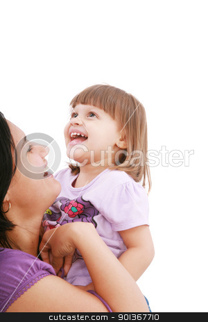 Mother and daughter smiling isolated over a white background. Fo Mother and daughter smiling isolated over a white background. Fo stock photo, Mother and daughter smiling isolated over a white background. Focus in the little girl. by dacasdo